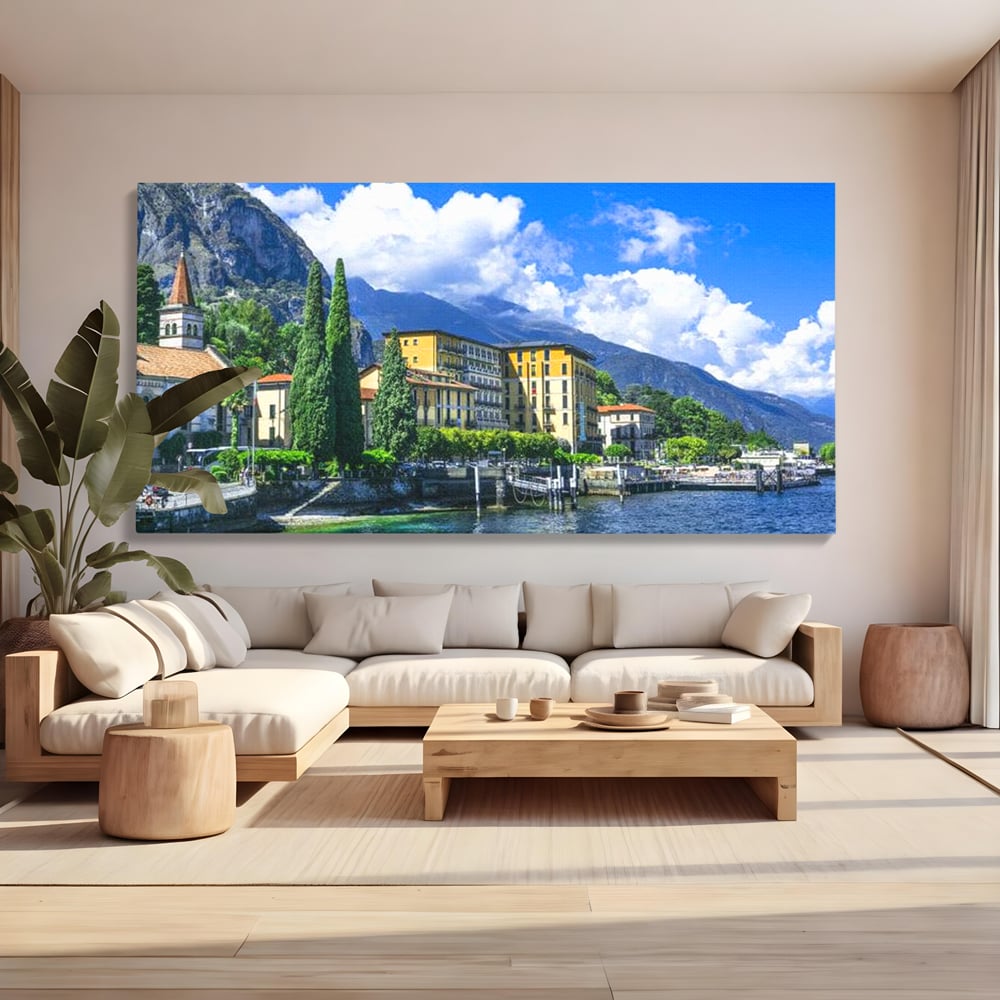 Tablou canvas cu peisaj urban pe malul lacului, fara rama, pe sasiu de lemn, pe perete intr-un living